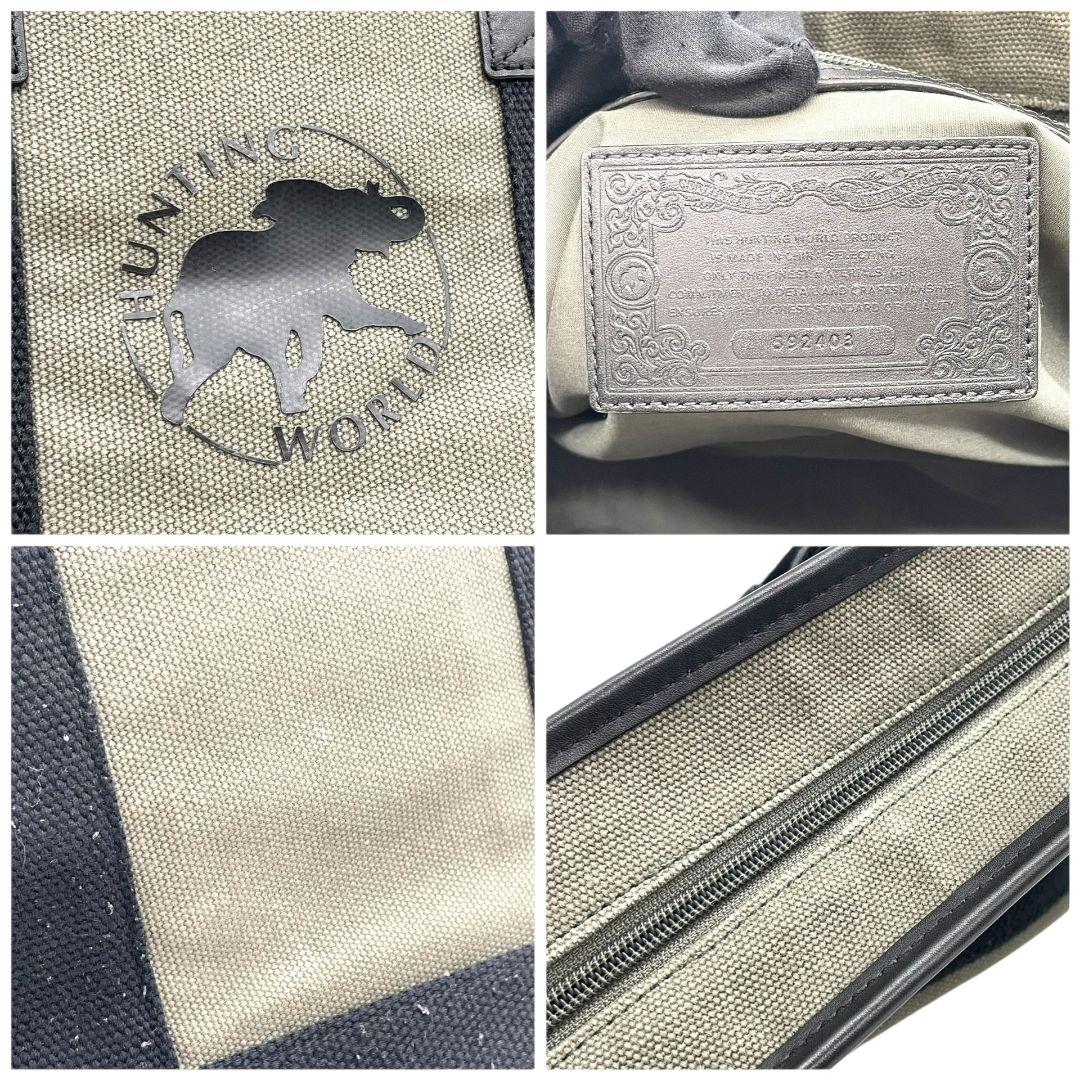 ハンティングワールド トートバッグ カーキ 黒 ブラック デカロゴ 2way キャンバス レザー 本革 ハンドバッグ ショルダーバッグ 斜め掛け可 シルバー金具 高級感 HUNTING WORLD 592403 T1