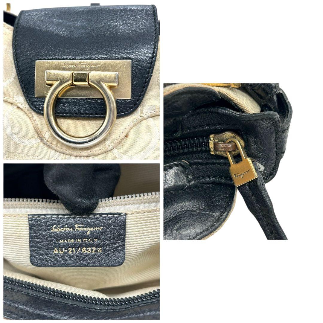 フェラガモ Salvatore Ferragamo ハンドバッグ ガンチーニ ベージュ×黒 キャンバス レザー ワンショルダー トートバッグ 肩掛け可 ゴールド金具 AU-21/6326　s49