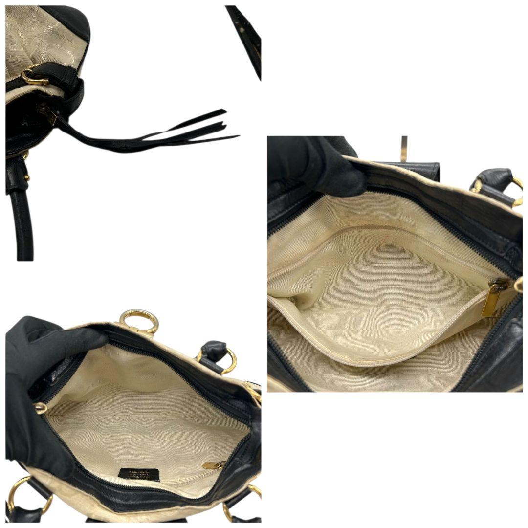 フェラガモ Salvatore Ferragamo ハンドバッグ ガンチーニ ベージュ×黒 キャンバス レザー ワンショルダー トートバッグ 肩掛け可 ゴールド金具 AU-21/6326　s49