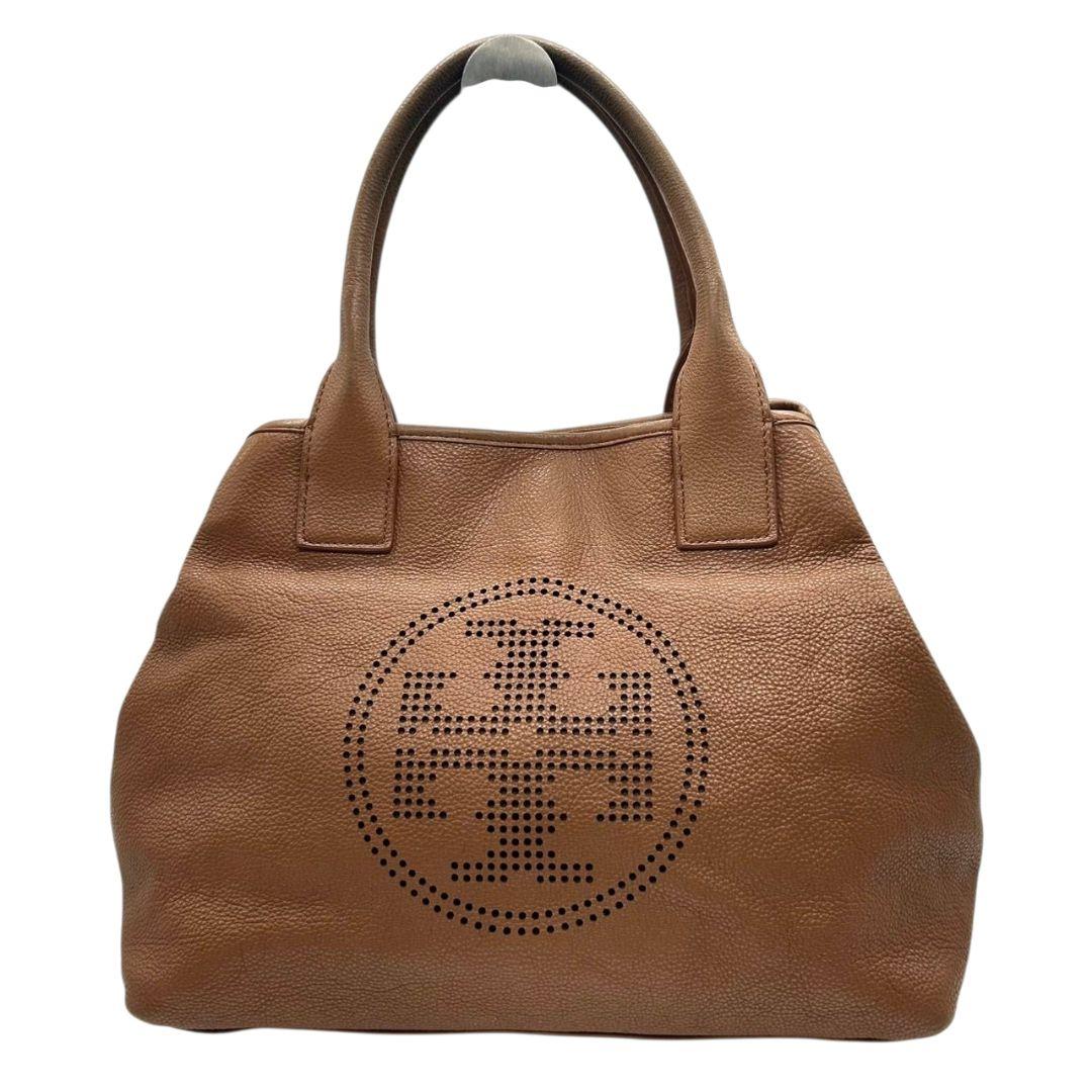 TORY BURCH トリーバーチ トートバッグ ブラウン 茶 デカロゴ パンチング レザー 本革 ワンショルダー ハンドバッグ 肩掛け可 自立可 ゴールド金具 s88 おしゃれ 高級感