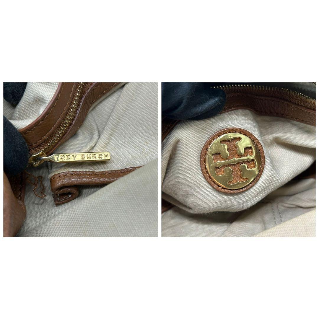 TORY BURCH トリーバーチ トートバッグ ブラウン 茶 デカロゴ パンチング レザー 本革 ワンショルダー ハンドバッグ 肩掛け可 自立可 ゴールド金具 s88 おしゃれ 高級感