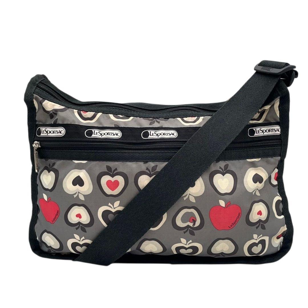 レスポートサック　ショルダーバッグ　グレー　総柄　リンゴ　斜め掛け可　T4　ナイロン　LeSportsac　ロゴ　レッド