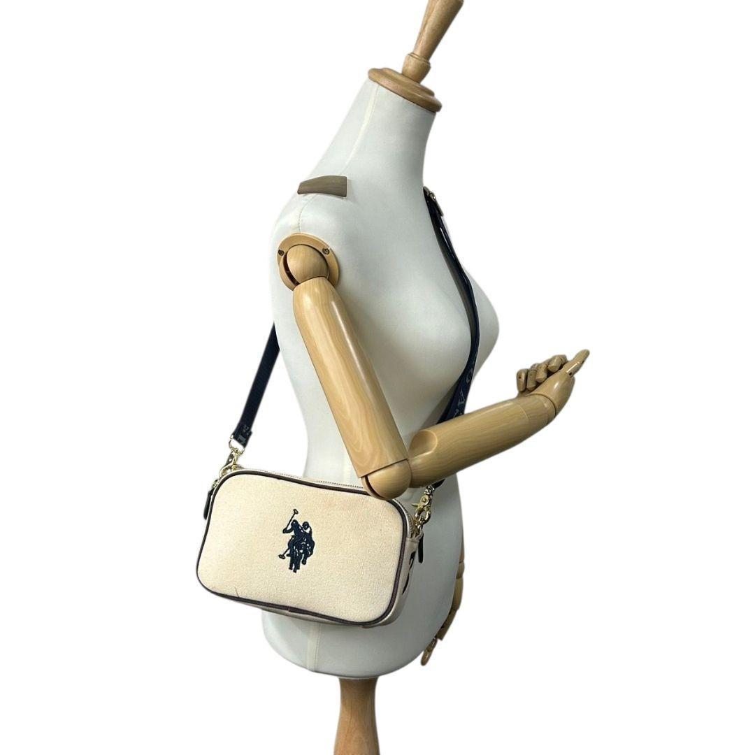 ユーエスポロアッスン ショルダーバッグ アイボリー ネイビー ロゴ刺繍 斜め掛け可 キャンバス ゴールド金具 s76 U.S. POLO ASSN. オシャレ 本物保証 鑑定済 スピード発送
