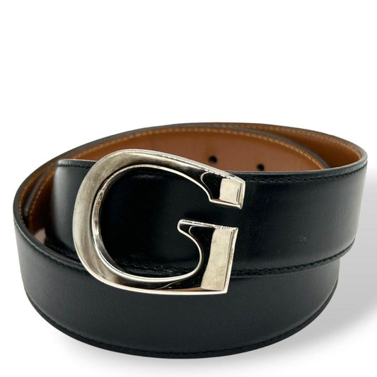 美品 グッチ ベルト 黒 ブラック 茶 ブラウン Gロゴバックル PX-3 レザー 本革 シルバー金具 バイカラー 036-2192-0956-5 高級 ブランド GUCCI