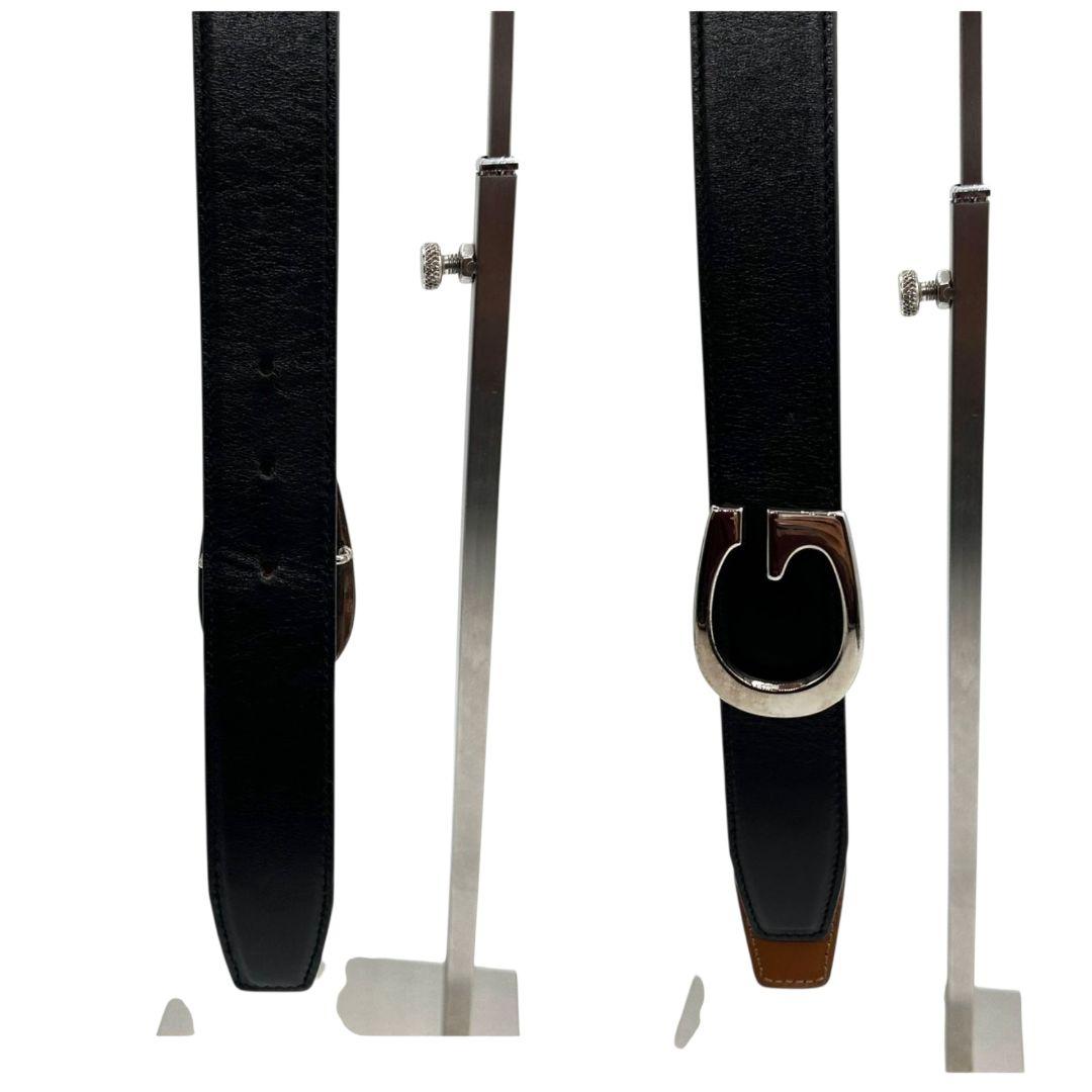 美品 グッチ ベルト 黒 ブラック 茶 ブラウン Gロゴバックル PX-3 レザー 本革 シルバー金具 バイカラー 036-2192-0956-5 高級 ブランド GUCCI
