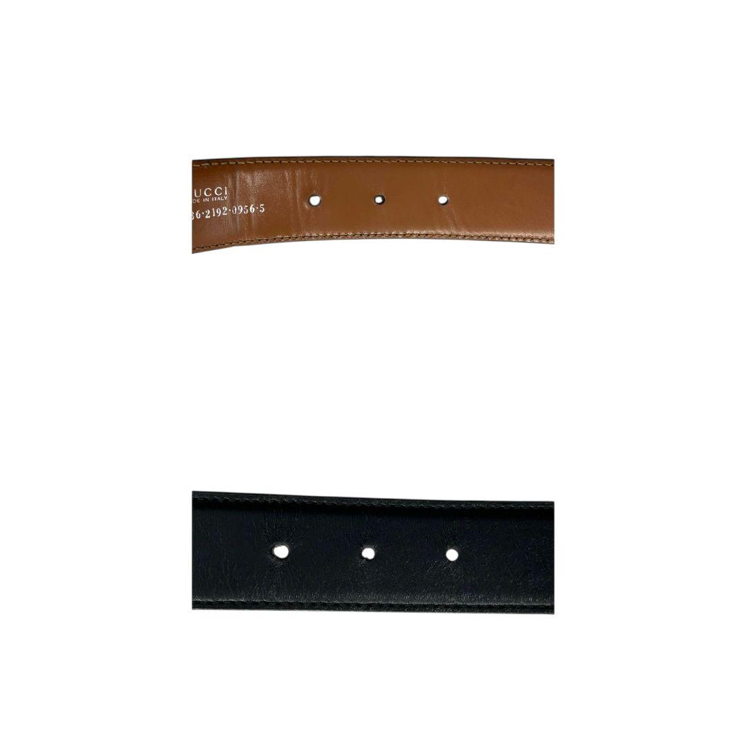 美品 グッチ ベルト 黒 ブラック 茶 ブラウン Gロゴバックル PX-3 レザー 本革 シルバー金具 バイカラー 036-2192-0956-5 高級 ブランド GUCCI