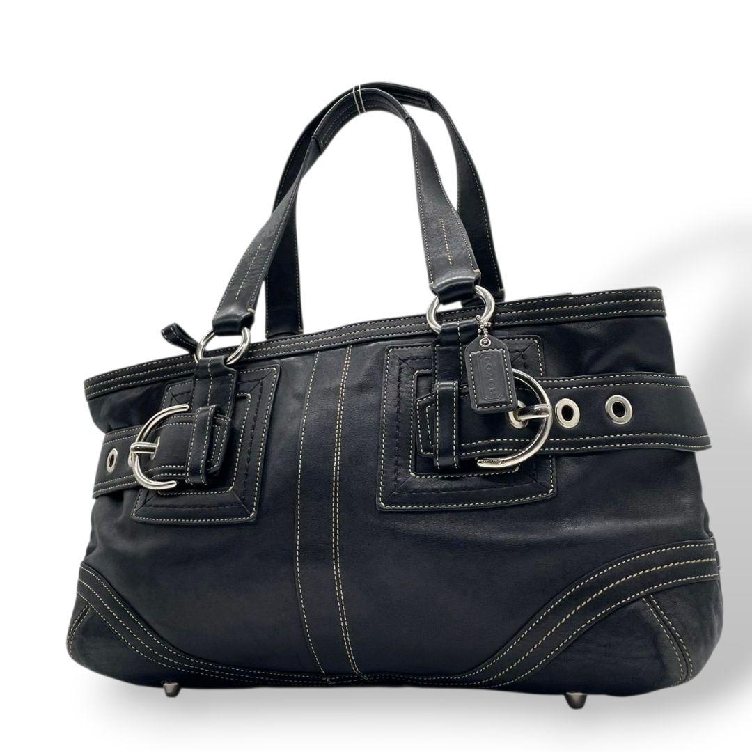 COACH コーチ ハンドバッグ トート 黒 ブラック レザー 本革 ワンショルダー 肩掛け可 シルバー金具 ロゴ T2