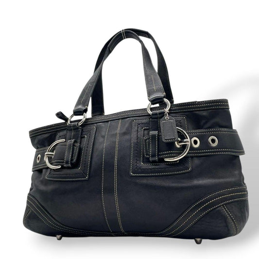 COACH コーチ ハンドバッグ トート 黒 ブラック レザー 本革 ワンショルダー 肩掛け可 シルバー金具 ロゴ T2