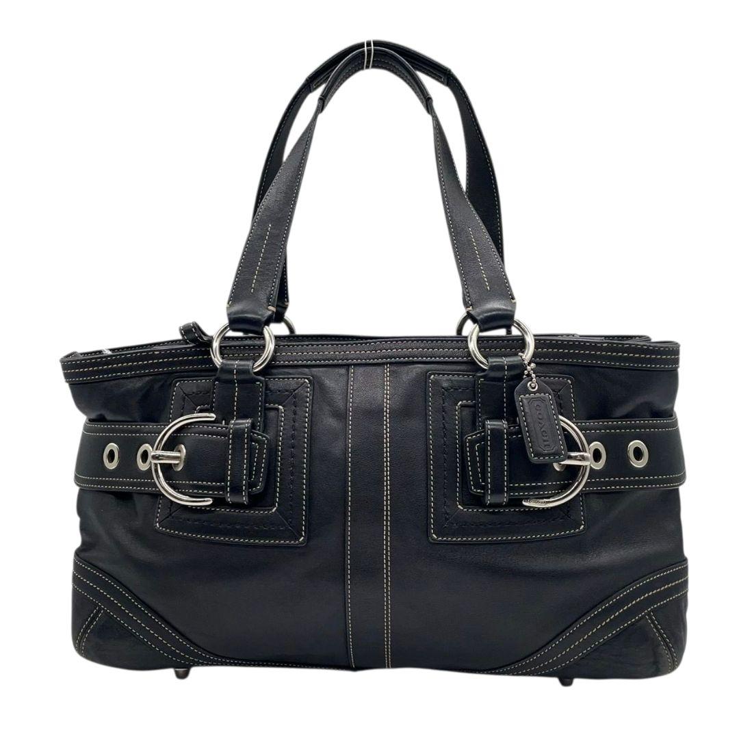 COACH コーチ ハンドバッグ トート 黒 ブラック レザー 本革 ワンショルダー 肩掛け可 シルバー金具 ロゴ T2