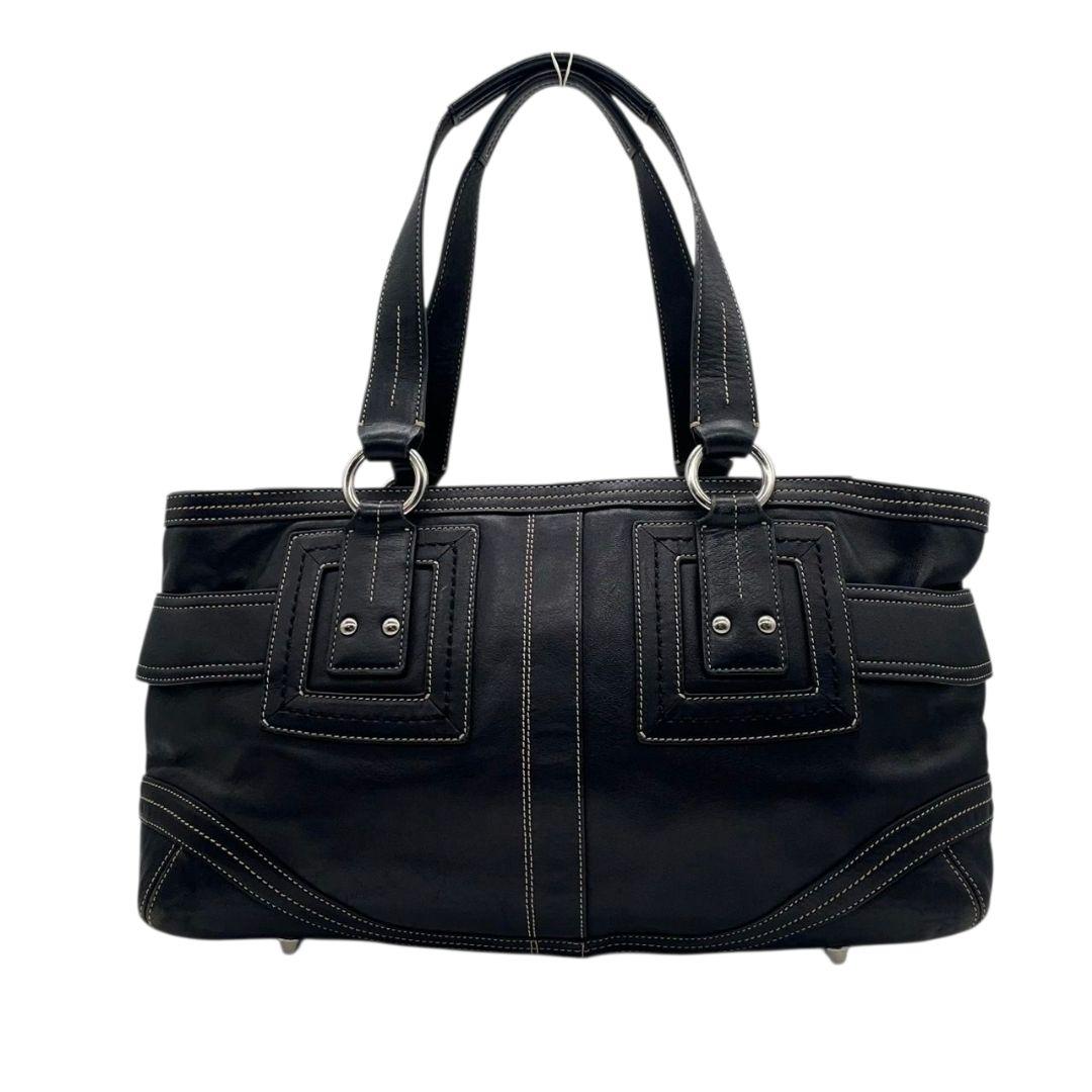 COACH コーチ ハンドバッグ トート 黒 ブラック レザー 本革 ワンショルダー 肩掛け可 シルバー金具 ロゴ T2