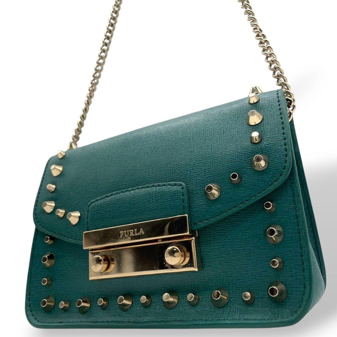 フルラ FURLA ショルダーバッグ 緑 グリーン メトロポリス 斜め掛け可 レザー 本革 チェーン フラップ ゴールド金具 ロゴプレート s12 レディース