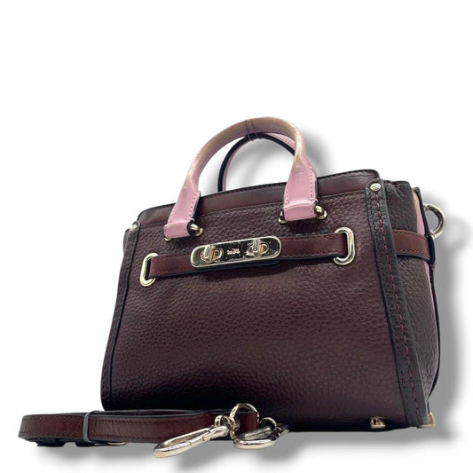 コーチ ハンドバッグ 茶 ターンロック バイカラー 2way 斜め掛け可 s9 ショルダーバッグ トートバッグ レザー 本革 ブラウン パープル ピンク ゴールド金具 COACH