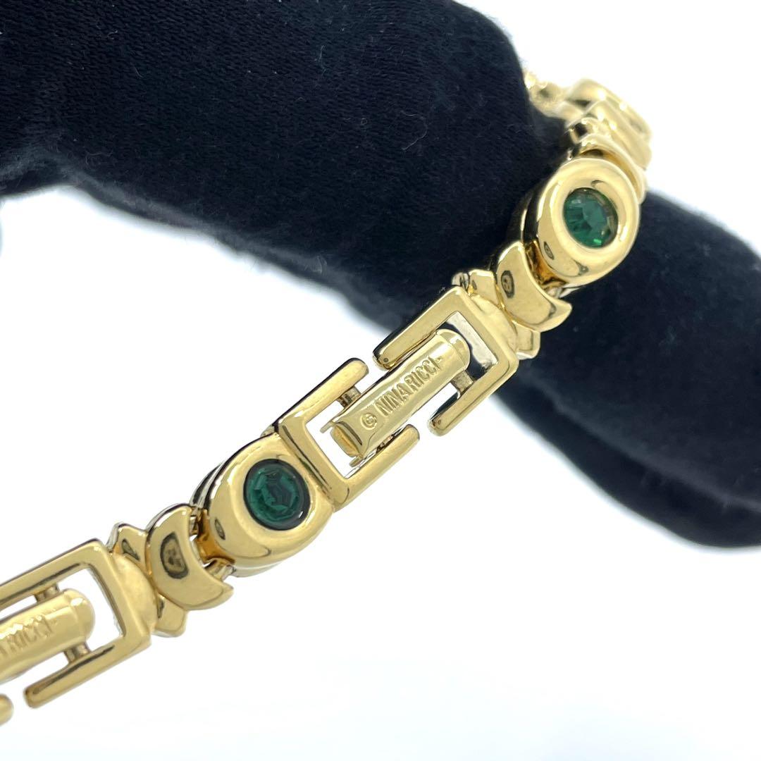 美品 ニナリッチ NINARICCI ゴールド チェーンネックレス グリーンストーン 高級 冠婚葬祭 フォーマル アクセサリー ロゴ刻印 レディース