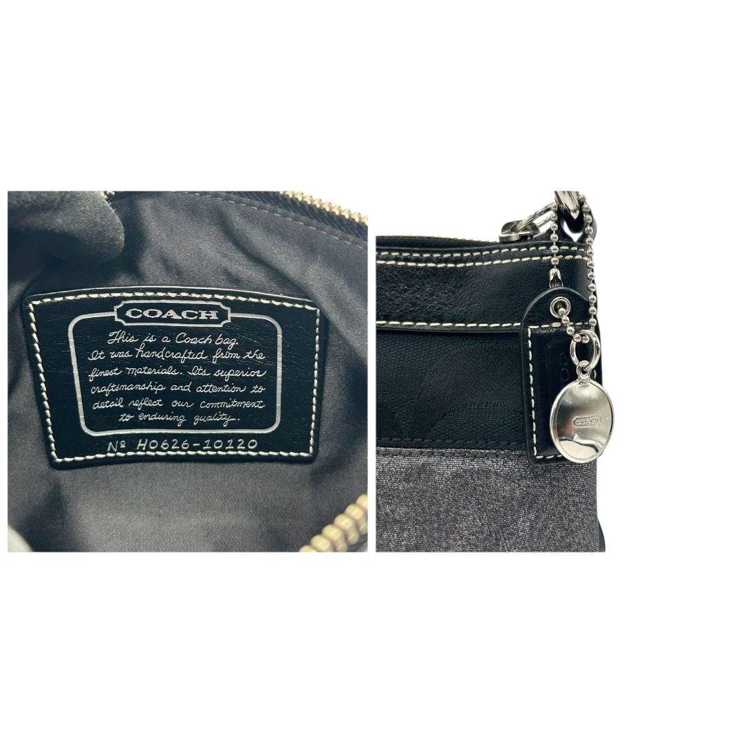 美品 コーチ ハンドバッグ ブラック 黒 グレー シグネチャー ワンショルダー キャンバス レザー アクセサリーポーチ 肩掛け可 肩かけ可 シルバー金具 チャーム付き 10120 s33 COACH 上品