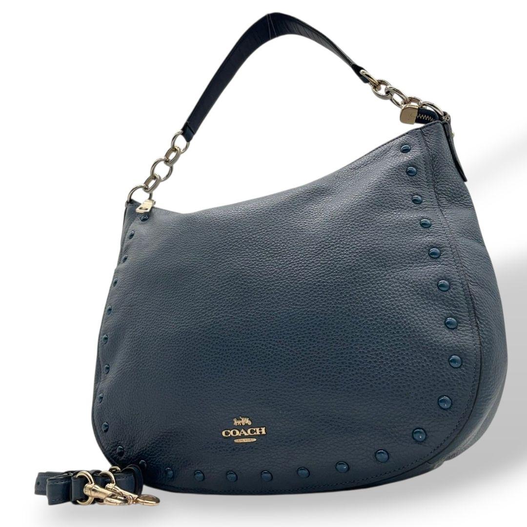 コーチ ハンドバッグ 紺 ネイビー ブルー スタッズ 2way ワンショルダー A4収納 トートバッグ ショルダーバッグ 斜め掛け可 肩掛け可 本革 レザー u14 COACH