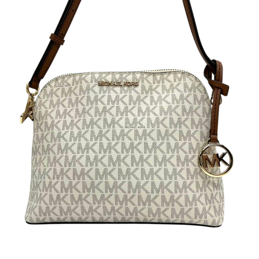 美品　マイケルコース　ショルダーバッグ　白　モノグラム　斜め掛け可　s15　PVC　レザー　本革　ホワイト　ブラウン　自立可　ゴールド金具　ロゴ　チャーム付き