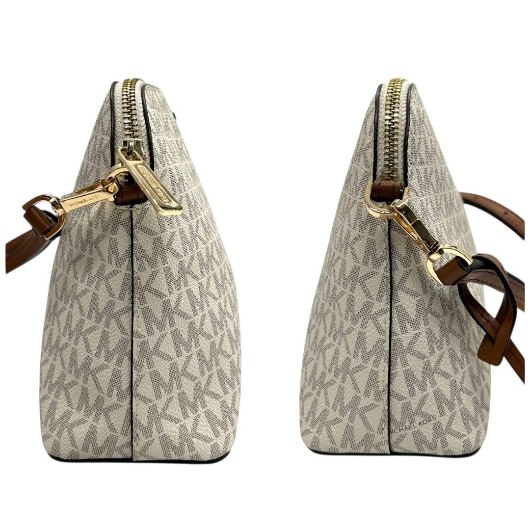 美品　マイケルコース　ショルダーバッグ　白　モノグラム　斜め掛け可　s15　PVC　レザー　本革　ホワイト　ブラウン　自立可　ゴールド金具　ロゴ　チャーム付き