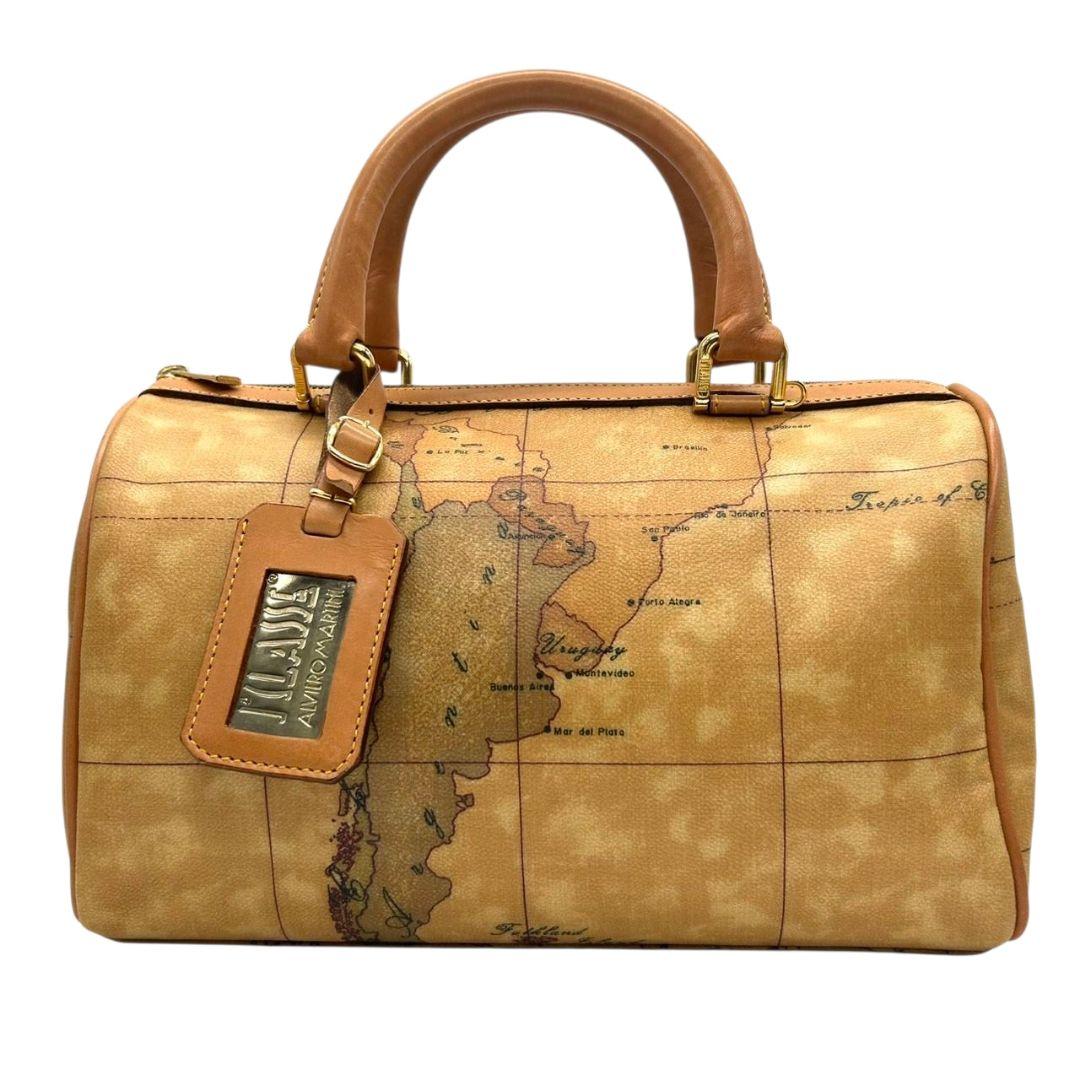 プリマクラッセ ボストンバッグ 茶 ブラウン 地図柄 世界地図 2way ショルダーバッグ ハンドバッグ トートバッグ 斜め掛け可 PVC ロゴタグ s50 PRIMA CLASSE