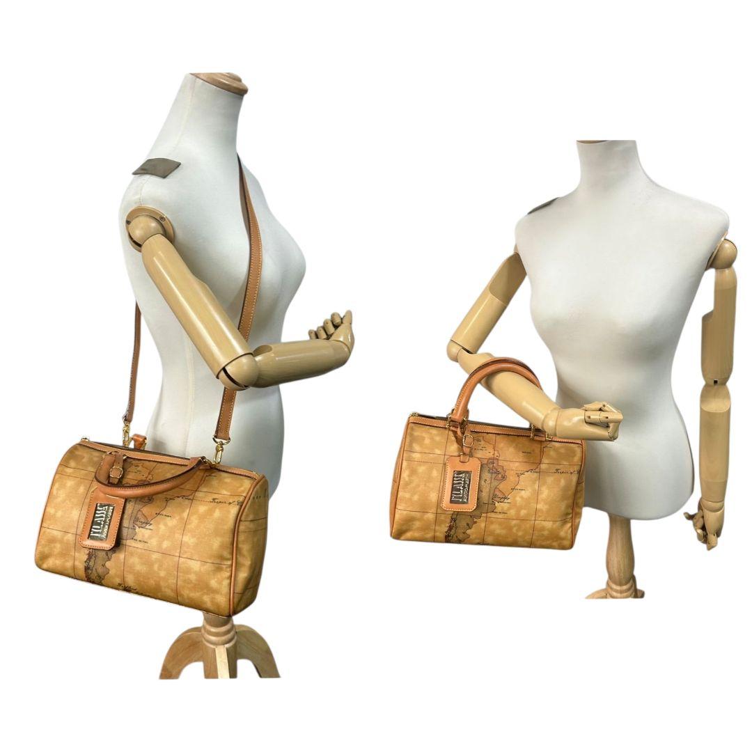 プリマクラッセ ボストンバッグ 茶 ブラウン 地図柄 世界地図 2way ショルダーバッグ ハンドバッグ トートバッグ 斜め掛け可 PVC ロゴタグ s50 PRIMA CLASSE