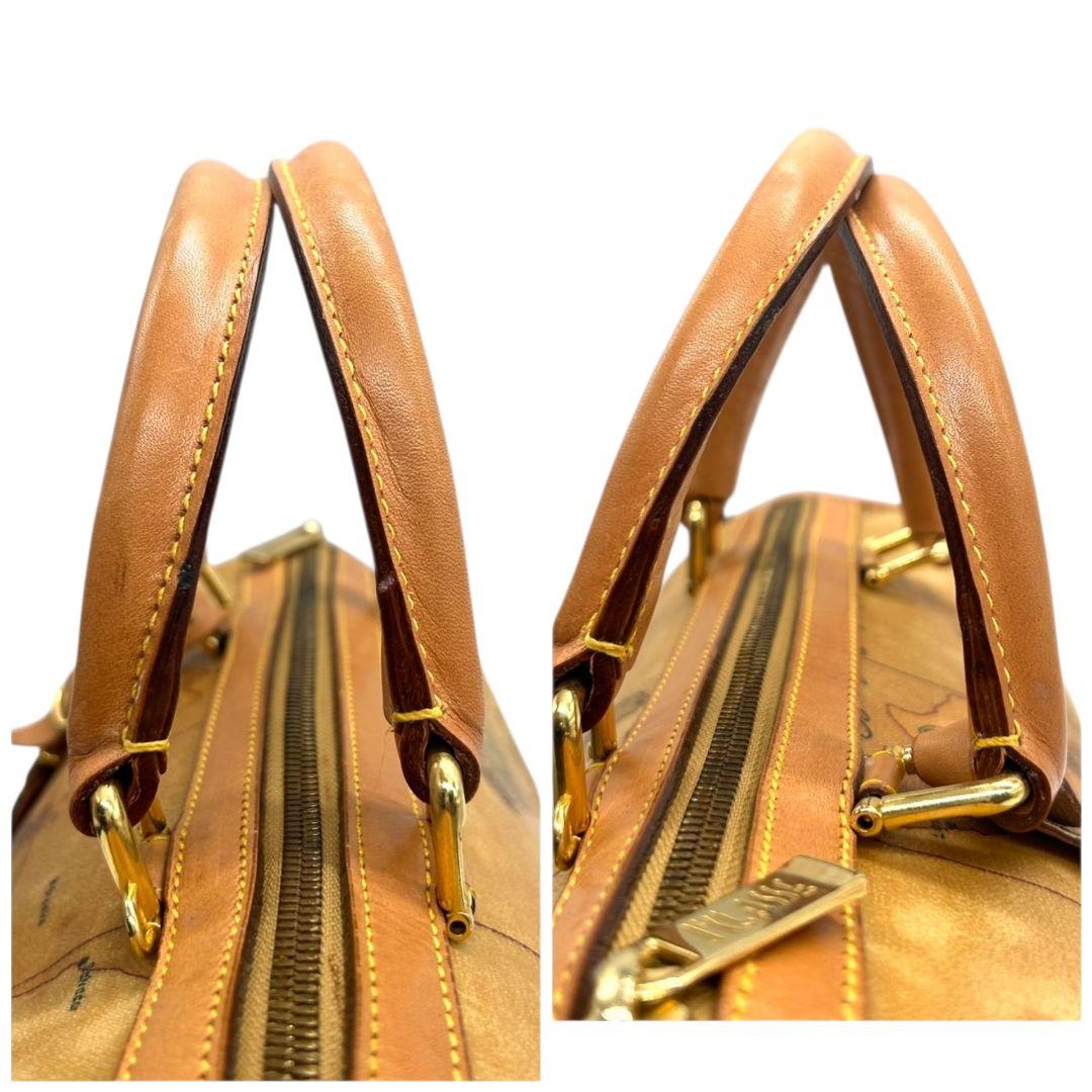 プリマクラッセ ボストンバッグ 茶 ブラウン 地図柄 世界地図 2way ショルダーバッグ ハンドバッグ トートバッグ 斜め掛け可 PVC ロゴタグ s50 PRIMA CLASSE