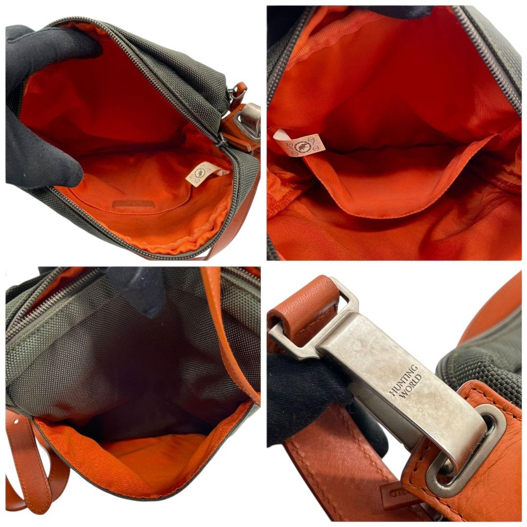 ハンティングワールド ショルダーバッグ 緑 グリーン 茶 ブラウン キャンバス レザー 本革 斜め掛け可 A4収納 ロゴタグ HUNTING WORLD オシャレ 本物保証 鑑定済 スピード発送