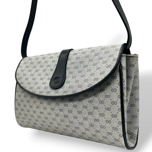 GUCCI グッチ ショルダーバッグ マイクロGG ネイビー 紺 PVC レザー フラップ 斜め掛け可 ゴールド金具 ロゴプレート クレストロゴ ヴィンテージ