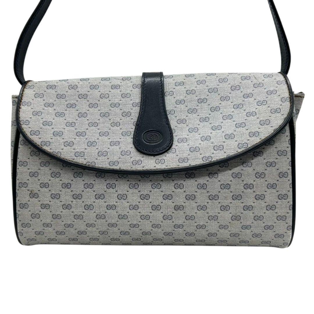 GUCCI グッチ ショルダーバッグ マイクロGG ネイビー 紺 PVC レザー フラップ 斜め掛け可 ゴールド金具 ロゴプレート クレストロゴ ヴィンテージ