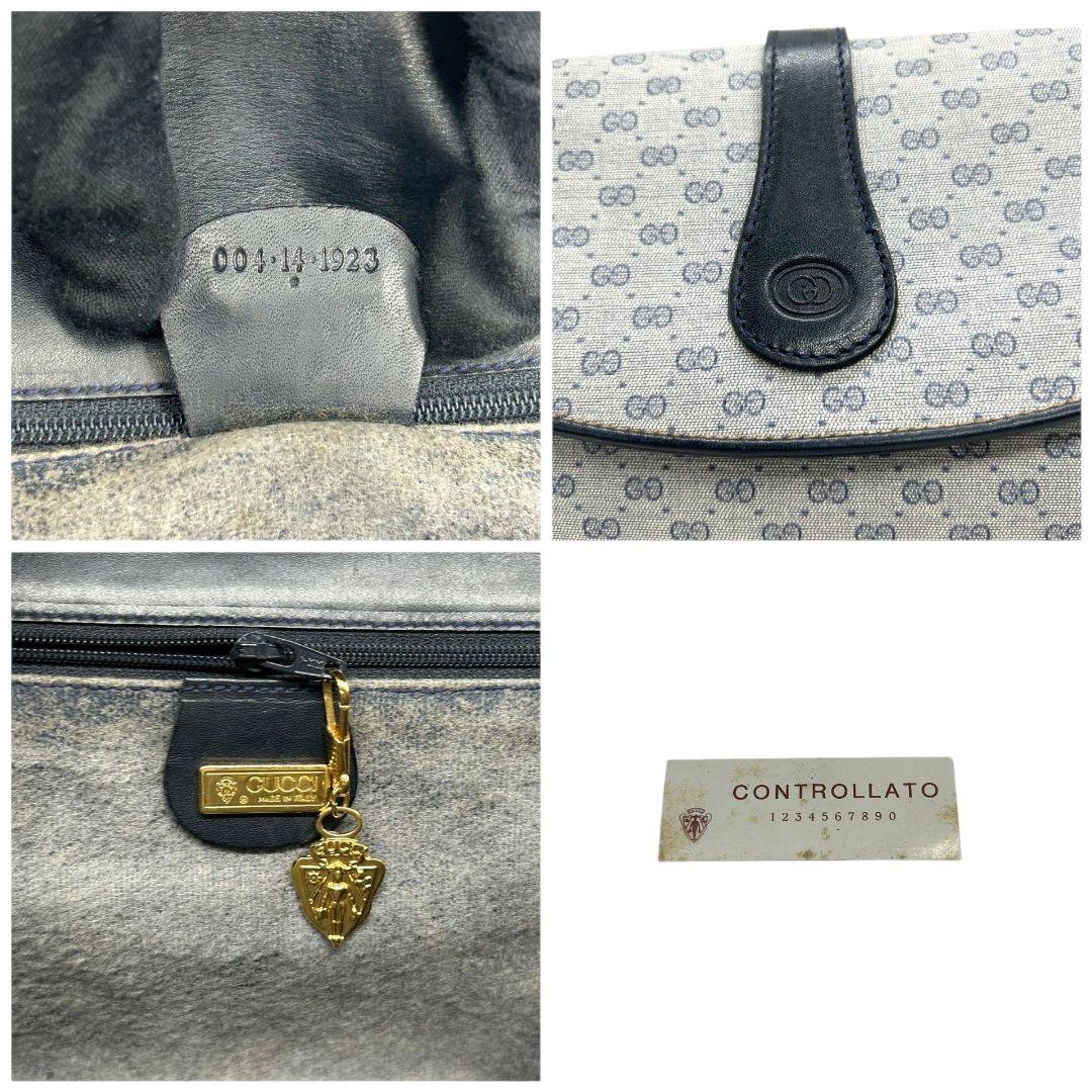 GUCCI グッチ ショルダーバッグ マイクロGG ネイビー 紺 PVC レザー フラップ 斜め掛け可 ゴールド金具 ロゴプレート クレストロゴ ヴィンテージ