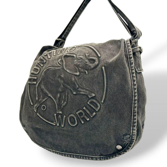ハンティングワールド ショルダーバッグ 黒 デカロゴ デニム T8 A4収納 斜め掛け可 ワンショルダー ハンドバッグ トートバッグ ブラック グレー アメリカ製 HUNTING WORLD