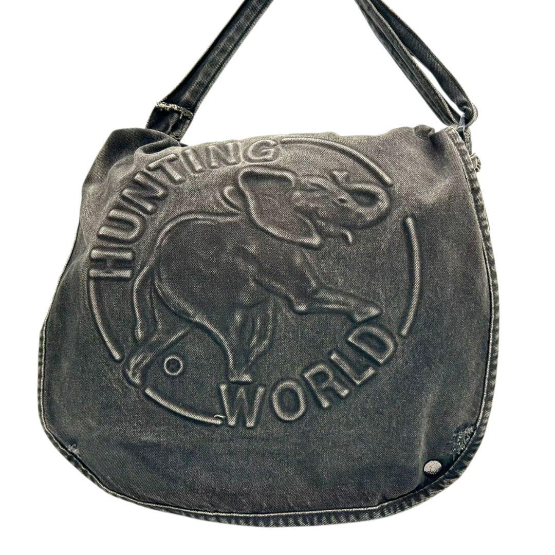 ハンティングワールド ショルダーバッグ 黒 デカロゴ デニム T8 A4収納 斜め掛け可 ワンショルダー ハンドバッグ トートバッグ ブラック グレー アメリカ製 HUNTING WORLD