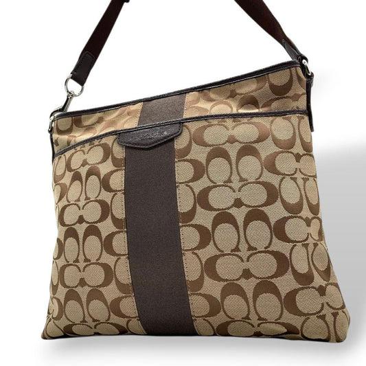 コーチ　ショルダーバッグ　茶　シグネチャー　斜め掛け可　A4収納　T7　COACH　キャンバス　レザー　本革　シルバー金具　F28502　ブラウン