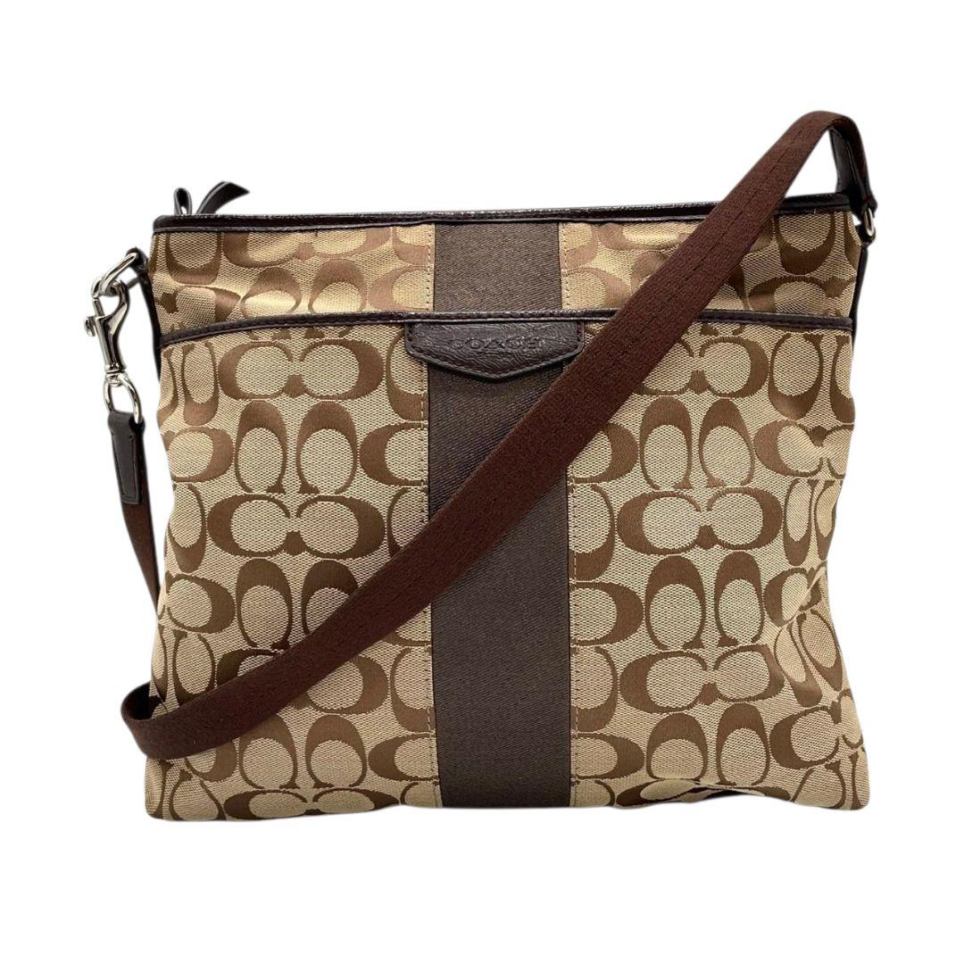 コーチ　ショルダーバッグ　茶　シグネチャー　斜め掛け可　A4収納　T7　COACH　キャンバス　レザー　本革　シルバー金具　F28502　ブラウン