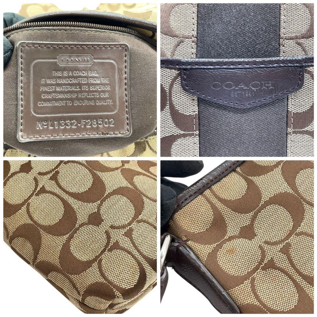 コーチ　ショルダーバッグ　茶　シグネチャー　斜め掛け可　A4収納　T7　COACH　キャンバス　レザー　本革　シルバー金具　F28502　ブラウン