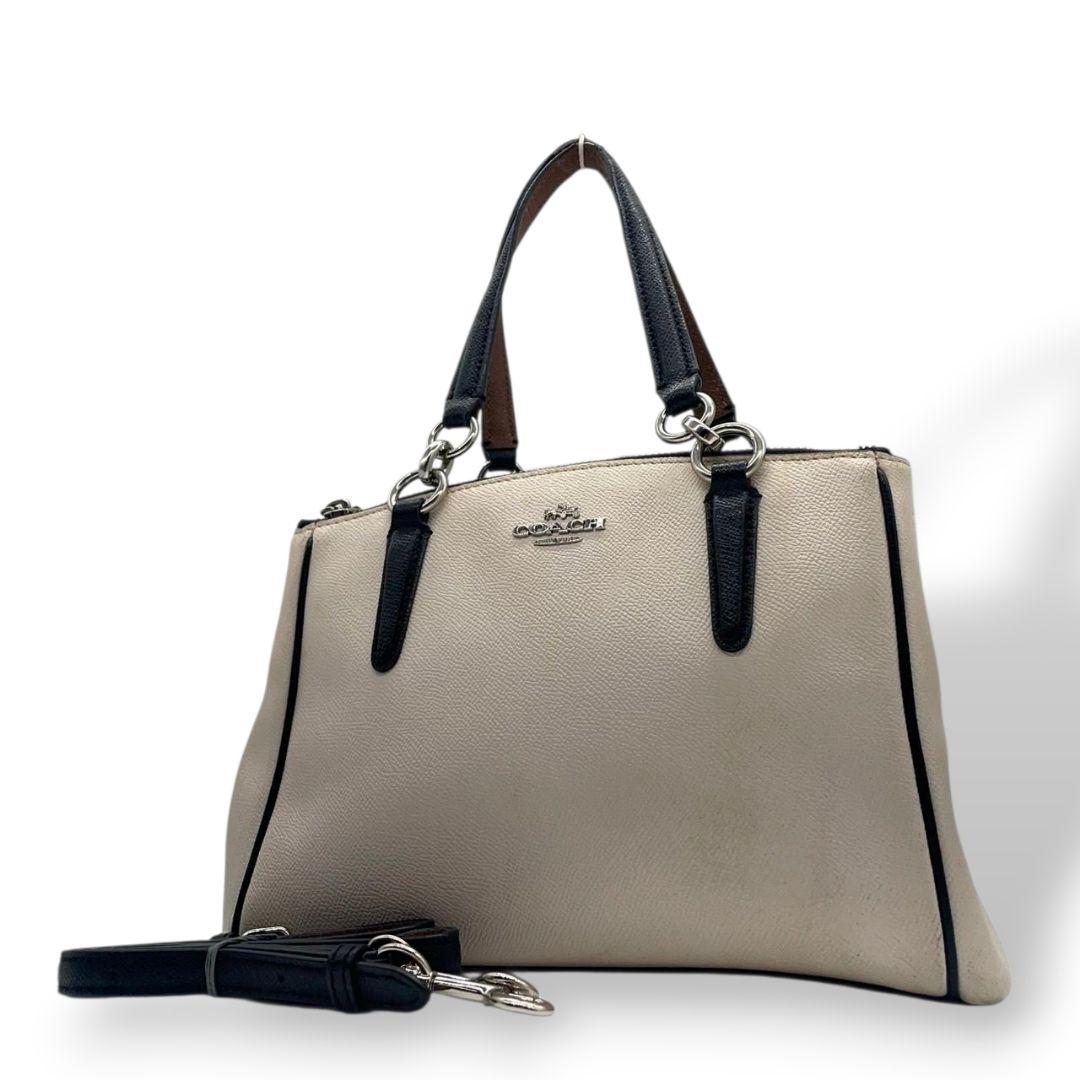 コーチ　ハンドバッグ　白　バイカラー　2way　斜め掛け可　チェーン　s9　ショルダーバッグ　トートバッグ　レザー　本革　アイボリー　ブラック　ロゴ　シルバー金具　F57487