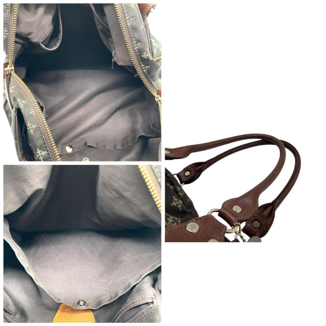 ラシット　ボストンバッグ　茶　モノグラム　A4収納　ナイロン　ワンショル　s3　2way　トートバッグ　ハンドバッグ　ショルダーバッグ　斜め掛け可　肩掛け可　肩かけ可　ブラウン　レザー　本革　ゴールド金具　チャーム付き　russet