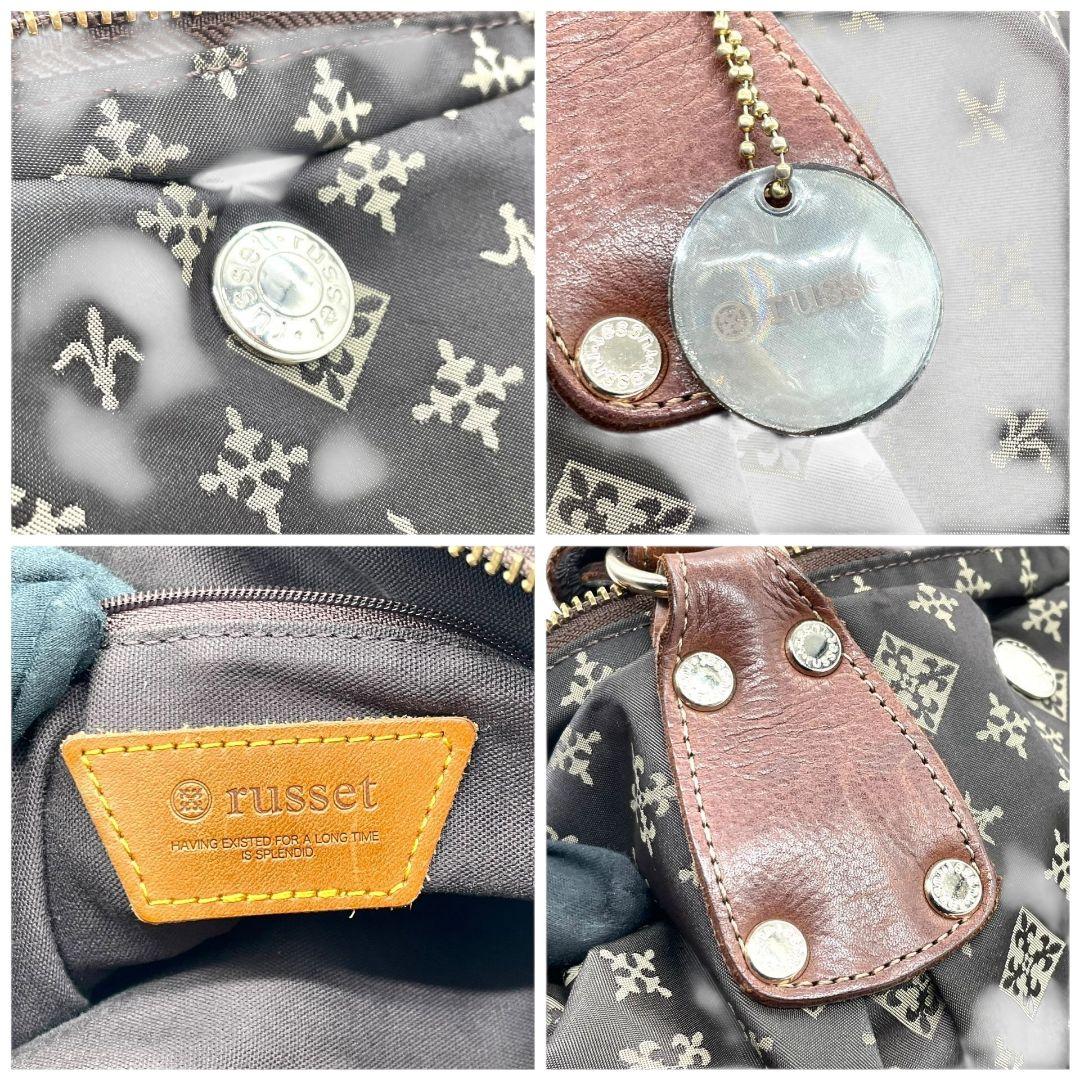 ラシット　ボストンバッグ　茶　モノグラム　A4収納　ナイロン　ワンショル　s3　2way　トートバッグ　ハンドバッグ　ショルダーバッグ　斜め掛け可　肩掛け可　肩かけ可　ブラウン　レザー　本革　ゴールド金具　チャーム付き　russet