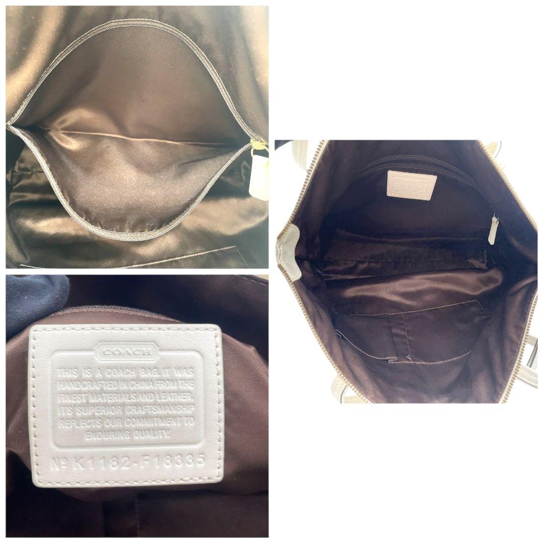 コーチ トートバッグ 白 シグネチャー ワンショルダー キャンバス s14 ハンドバッグ 肩掛け可 A4収納 本革 アイボリー パテントレザー ゴールド金具 F18335