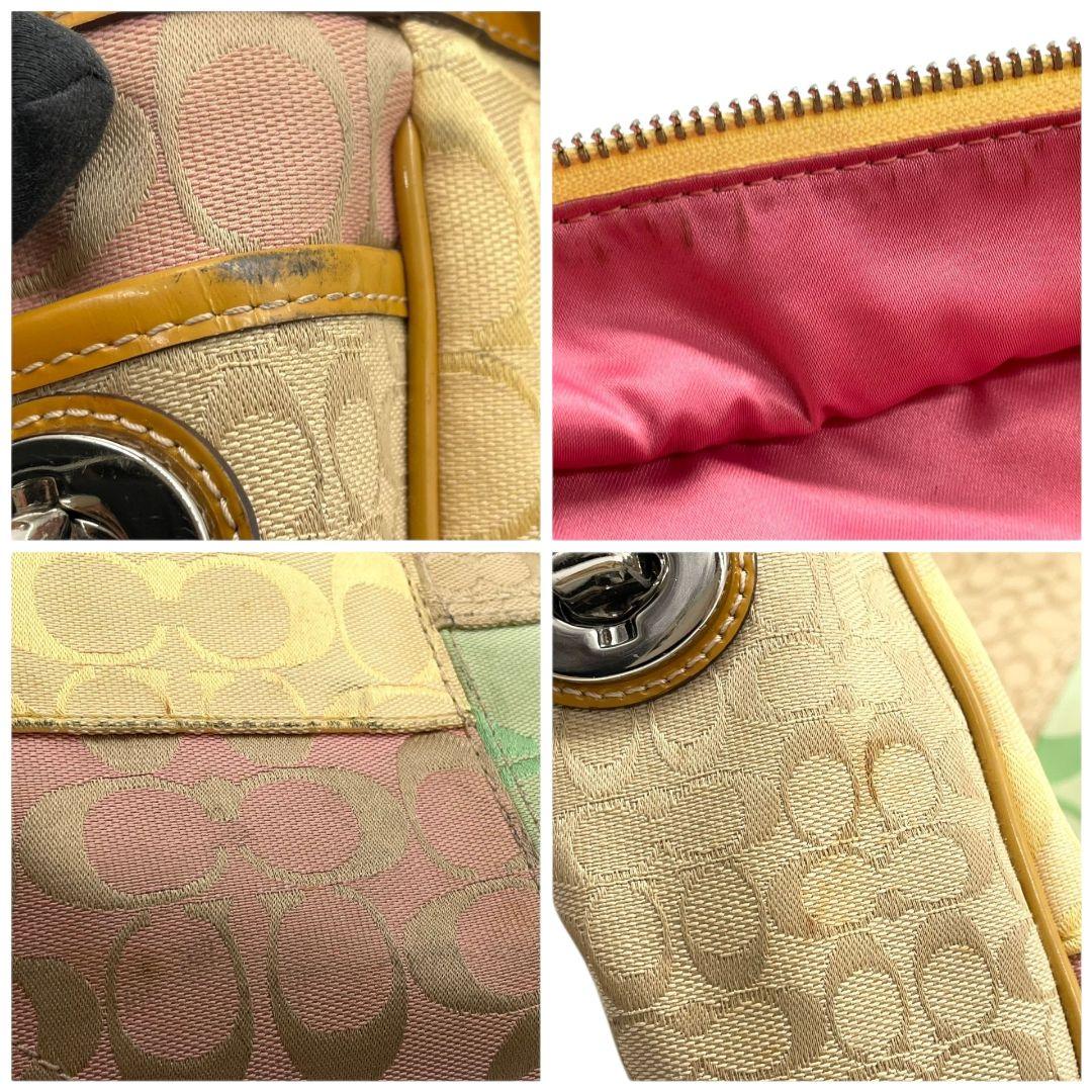 コーチ　ハンドバッグ　マルチカラー　パッチワーク　シグネチャー　ワンショルダー　T4　トートバッグ　キャンバス　パテントレザー　本革　肩掛け可　肩かけ可　シルバー金具　F14868　ピンク　イエロー　グリーン　COACH