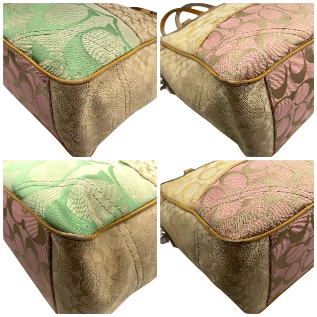 コーチ　ハンドバッグ　マルチカラー　パッチワーク　シグネチャー　ワンショルダー　T4　トートバッグ　キャンバス　パテントレザー　本革　肩掛け可　肩かけ可　シルバー金具　F14868　ピンク　イエロー　グリーン　COACH