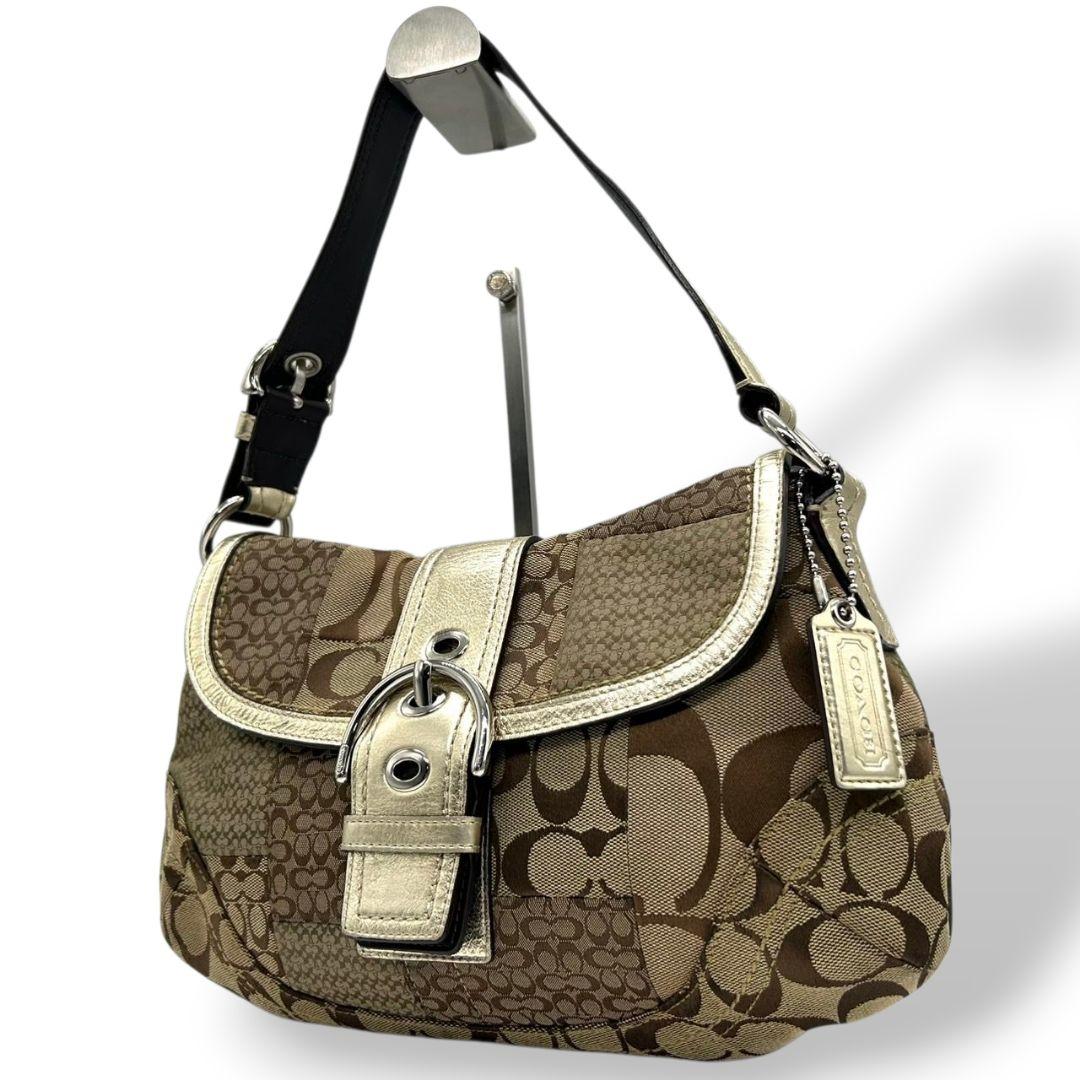 美品 コーチ COACH ハンドバッグ パッチワーク シグネチャー ホーボー ワンショルダー トートバッグ ブラウン 茶 シルバー金具 ロゴタグ 肩掛け可 G0871-F12316 s16