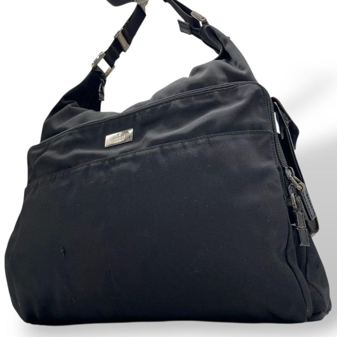 GUCCI グッチ ショルダーバッグ ブラック 黒 ホーボー ロゴプレート A4収納 ワンショル トートバッグ ハンドバッグ ナイロン レザー シルバー金具 s57 上品 高級感