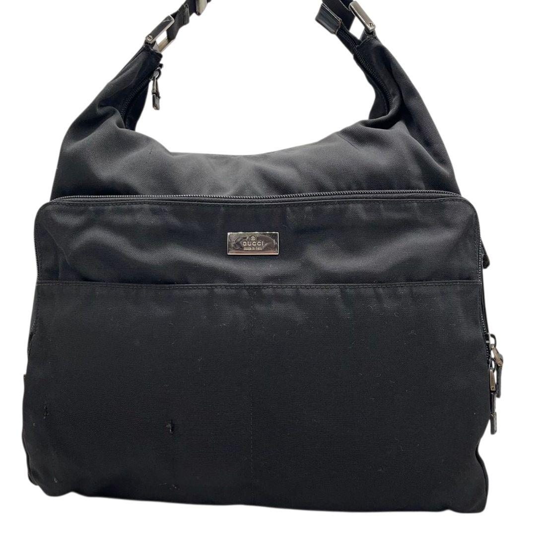 GUCCI グッチ ショルダーバッグ ブラック 黒 ホーボー ロゴプレート A4収納 ワンショル トートバッグ ハンドバッグ ナイロン レザー シルバー金具 s57 上品 高級感
