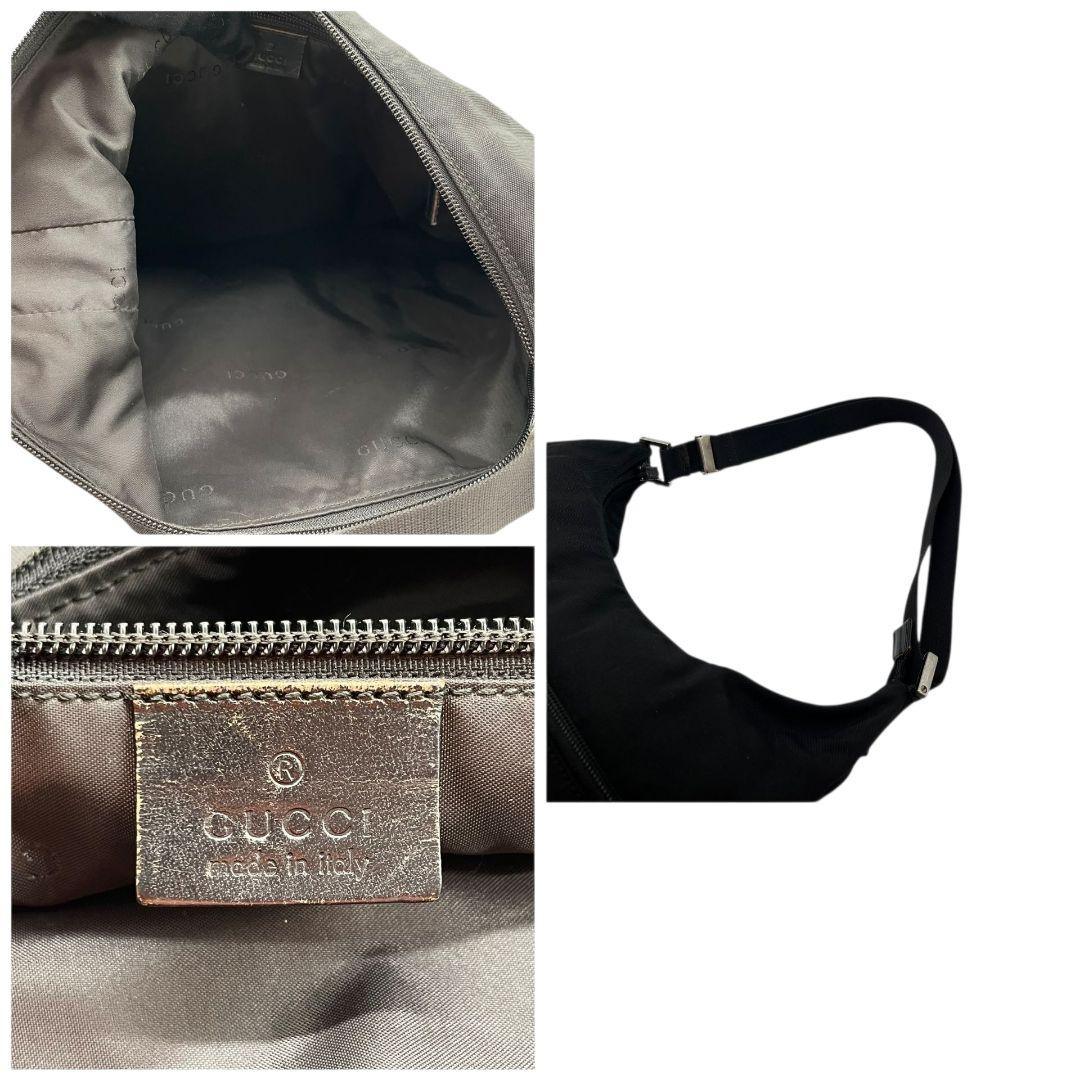 GUCCI グッチ ショルダーバッグ ブラック 黒 ホーボー ロゴプレート A4収納 ワンショル トートバッグ ハンドバッグ ナイロン レザー シルバー金具 s57 上品 高級感