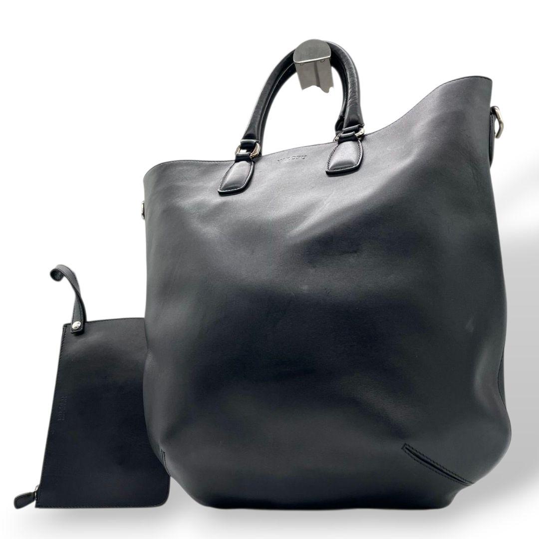 ヒロフ　トートバッグ　黒　A4収納　ポーチ付き　HIROFU　レザー　s95　ハンドバッグ　本革　シルバー金具　ブラック