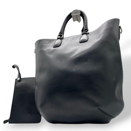 ヒロフ　トートバッグ　黒　A4収納　ポーチ付き　HIROFU　レザー　s95　ハンドバッグ　本革　シルバー金具　ブラック