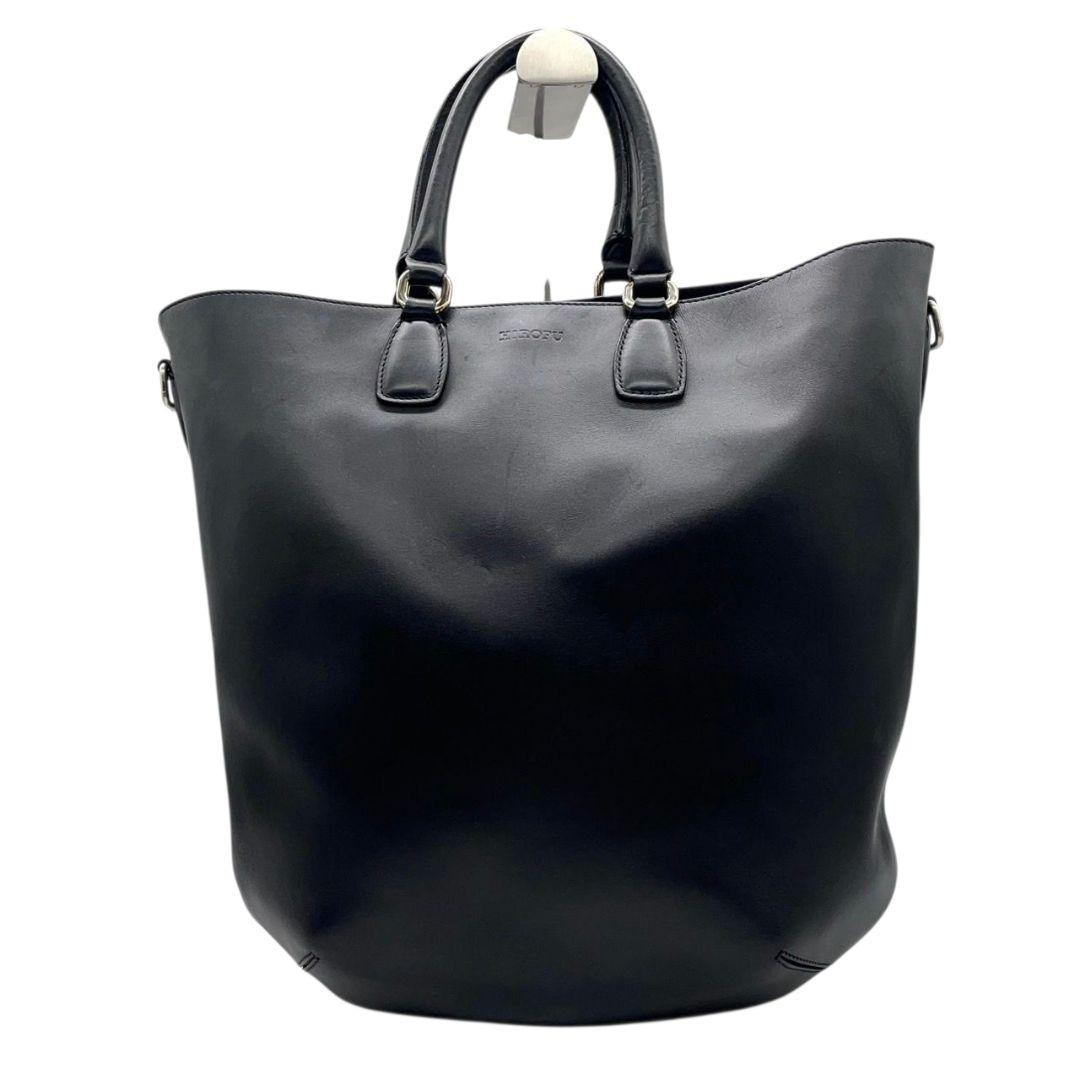 ヒロフ　トートバッグ　黒　A4収納　ポーチ付き　HIROFU　レザー　s95　ハンドバッグ　本革　シルバー金具　ブラック