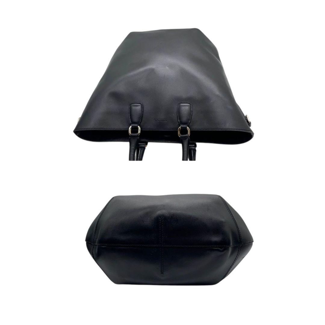 ヒロフ　トートバッグ　黒　A4収納　ポーチ付き　HIROFU　レザー　s95　ハンドバッグ　本革　シルバー金具　ブラック