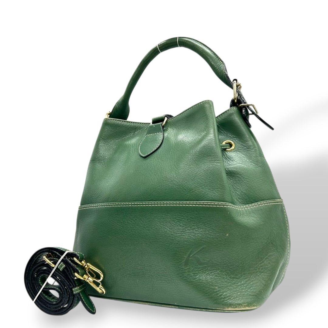 キタムラ Kitamura ハンドバッグ 緑 グリーン 巾着 2way レザー 本革 Kロゴ トートバッグ ショルダーバッグ 斜め掛け可 ゴールド金具 s70 レディース
