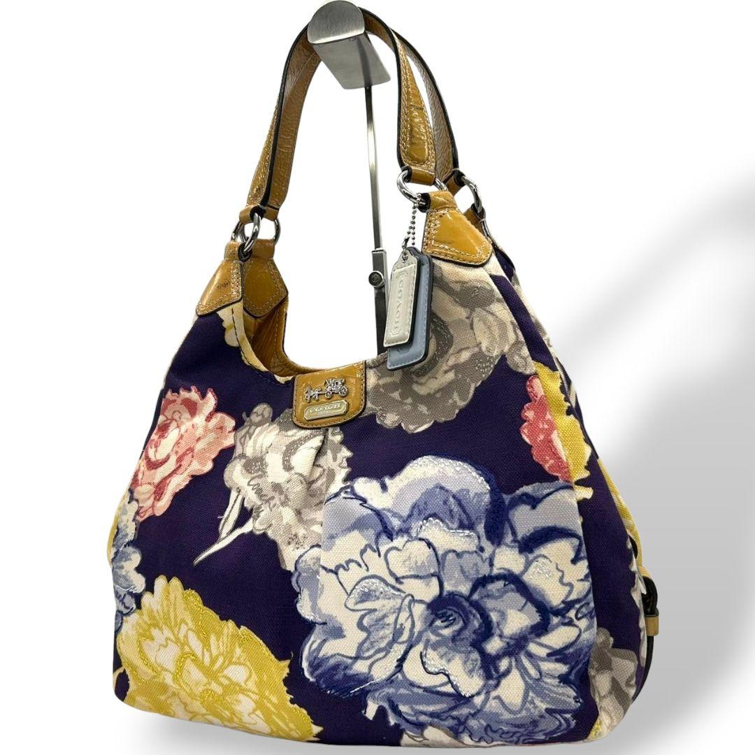 コーチ ハンドバッグ 黄 ポピー フローラル キャンバス マディソン 本革 U9 23351 肩掛け可 肩かけ可 トートバッグ ショルダーバッグ パープル イエロー シルバー金具 パテントレザー ロゴタグ COACH マギー ワンショル