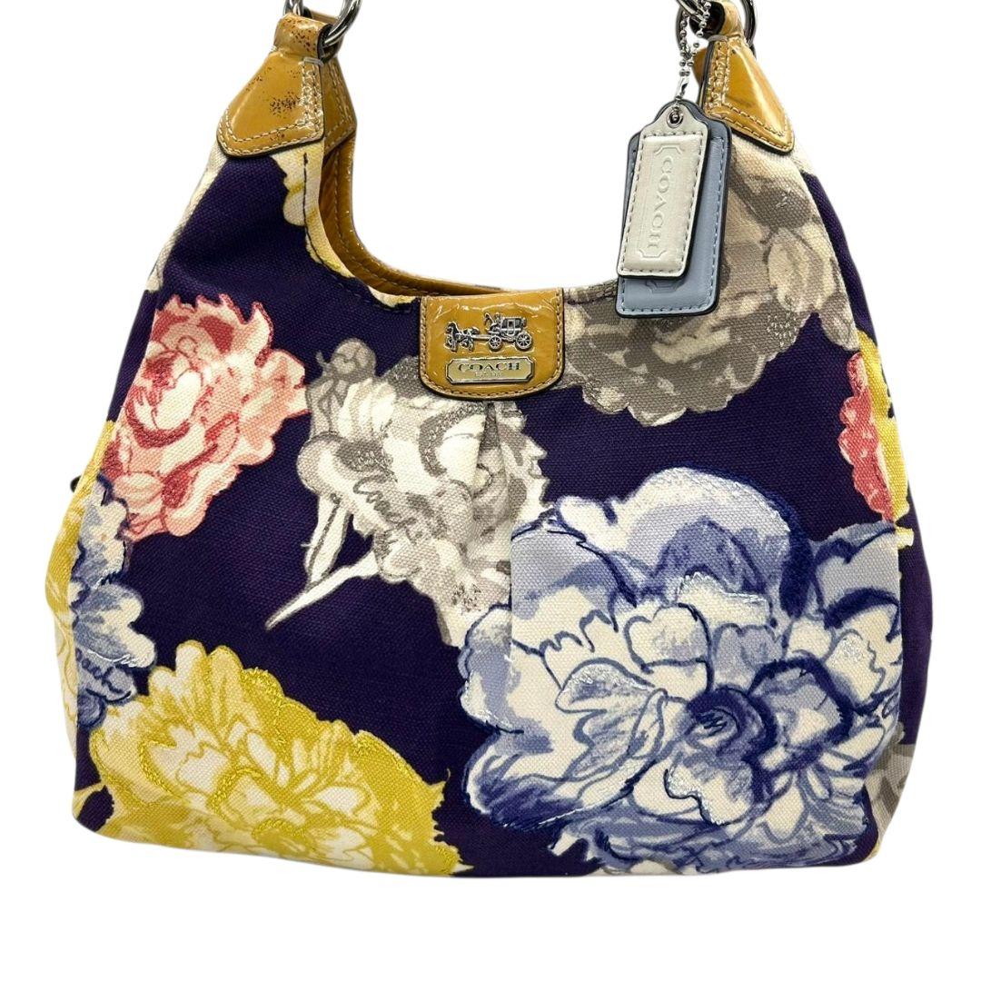 コーチ ハンドバッグ 黄 ポピー フローラル キャンバス マディソン 本革 U9 23351 肩掛け可 肩かけ可 トートバッグ ショルダーバッグ パープル イエロー シルバー金具 パテントレザー ロゴタグ COACH マギー ワンショル